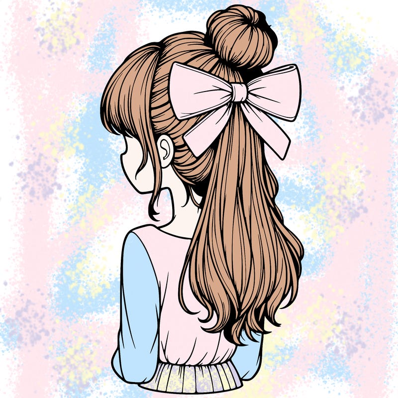 realistic girl  with hip length hair a bun and a big bow on the back of head