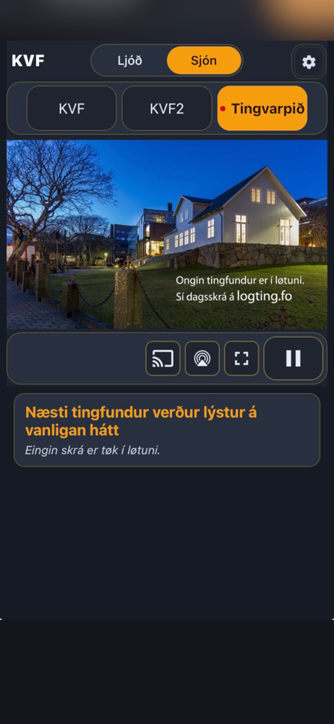 KVF live - KVF live app showing Faroese television streaming interface