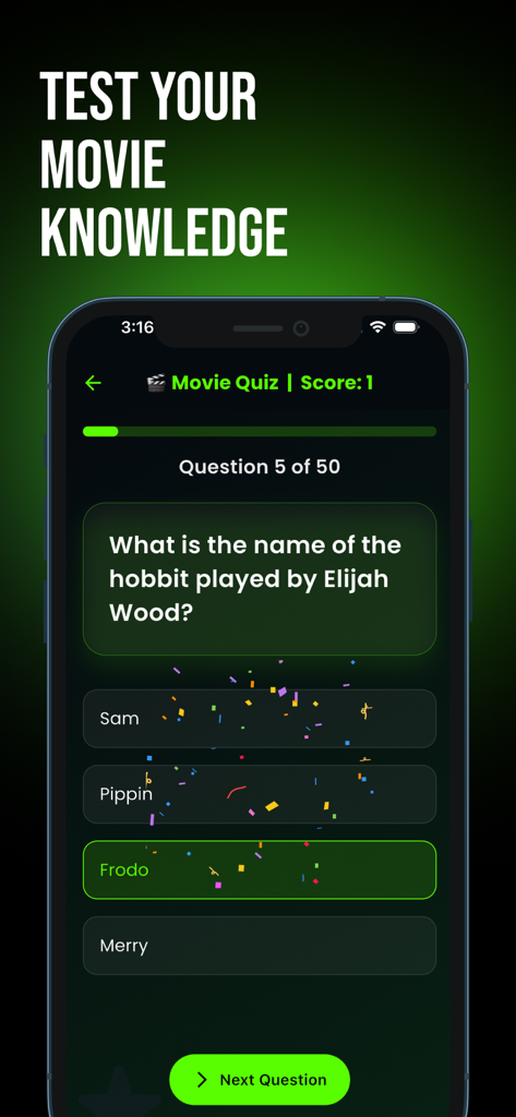 Interface of the Movie Quiz mode in the WATCHED app featuring a trivia question about film actors