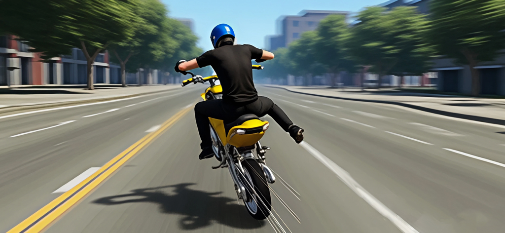 Wheelie Moto Bike Life Game - Un piloto realizando un caballito a alta velocidad en una motocicleta amarilla por las calles de la ciudad