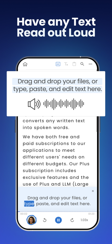 NaturalReader - Text To Speech - Interfaccia dell'app mobile NaturalReader che mostra il testo letto ad alta voce con i controlli di riproduzione vocale AI