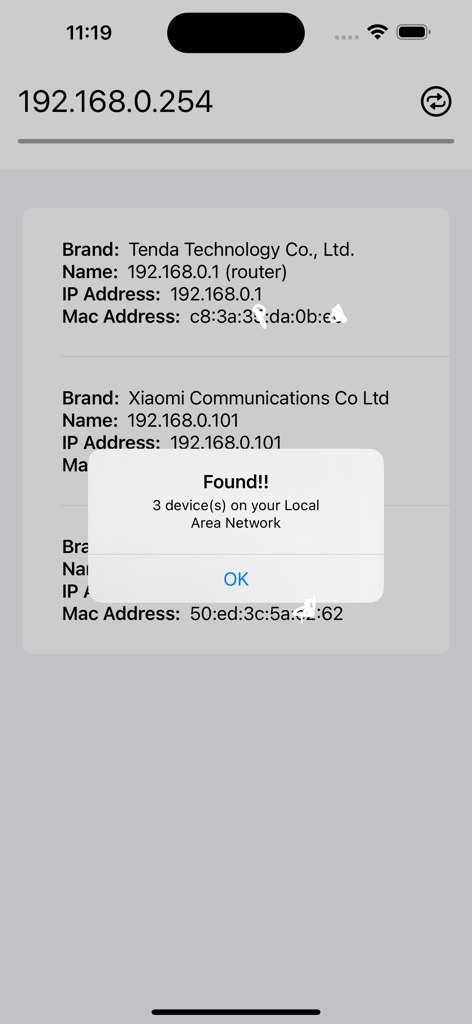 Lan Scanner || Wifi Monitor - Interfaz mostrando tres dispositivos descubiertos en una red de área local con detalles de marca e IP