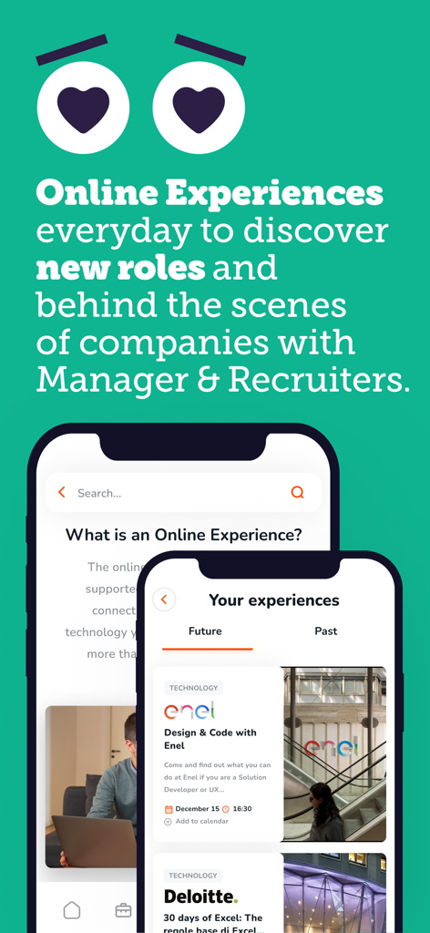 Joinrs - Job & Career - Joinrs app screen showcasing online experiences to meet managers and recruiters from top companies
