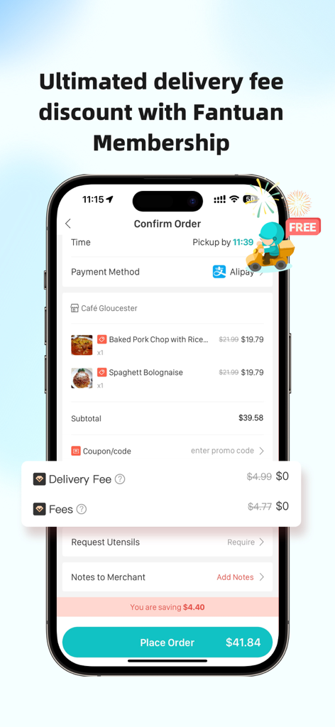 Checkout screen of Fantuan Delivery app showing zero dollar delivery fees and Alipay payment option