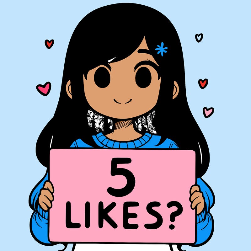 girl holding a sign that says 5 likes?