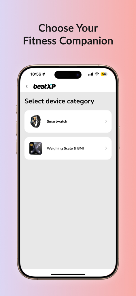 beatXP FIT/TRAK (official app) - Interface for choosing a fitness device like a smartwatch or BMI scale in the beatXP app