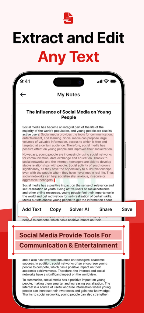 Scanova: PDF Scanner App - Interfaz de la aplicación Scanova mostrando la extracción y edición de texto de un documento digital