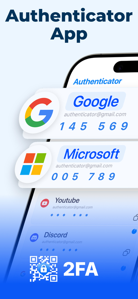 Interface do App Autenticador mostrando códigos de segurança 2FA para contas Google e Microsoft.