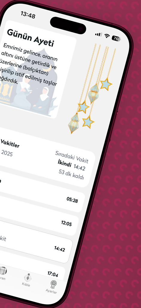 Mobile App-Oberfläche, die den türkischen Tagesvers und bevorstehende Gebetszeiten anzeigt
