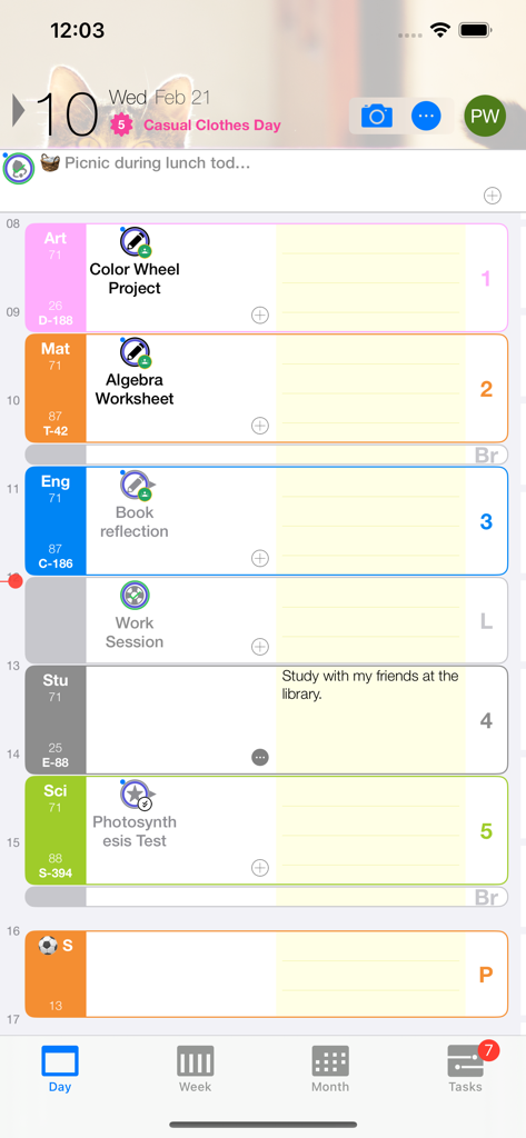 Studyoアプリのデイリースケジュール表示。授業とタスクが表示されています。