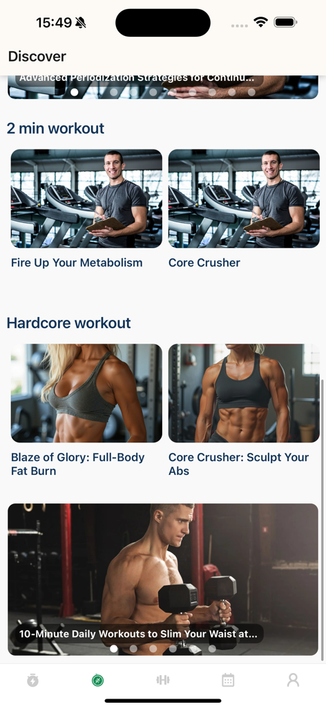 Home Workouts for Men at Home - Home workout app discover page featuring quick metabolism and core crusher exercises