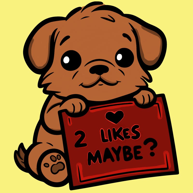 a puppy holding a sign that says 2 likes maybe?