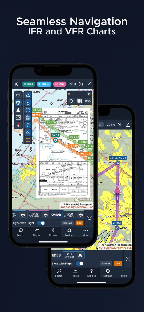 Navigraph Charts mobile app displaying IFR and VFR flight simulation charts on smartphone screens.