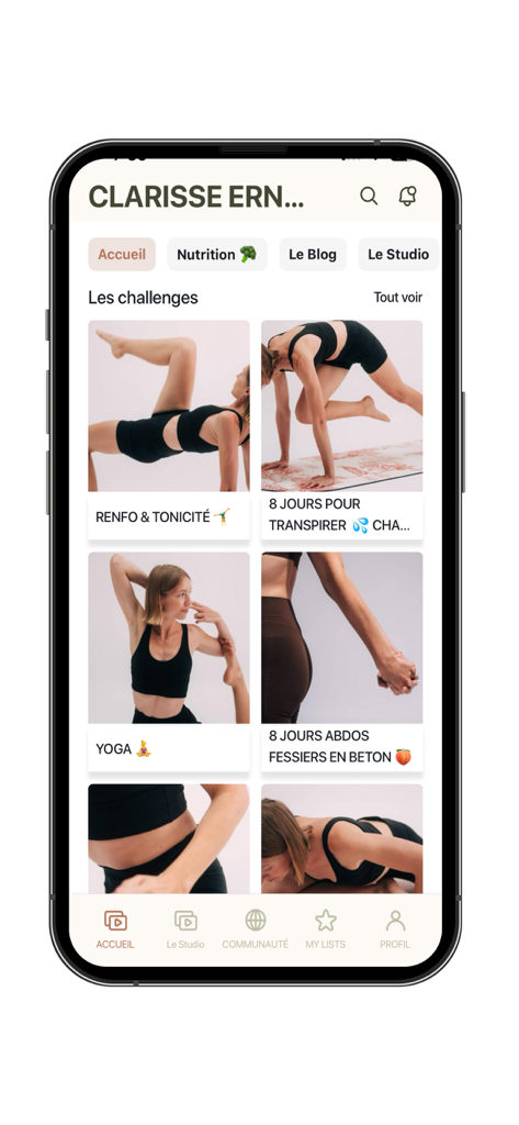 Schermata principale dell'app Clarisse Ernoux che mostra sfide di fitness e yoga per donne.