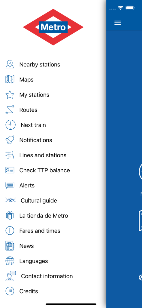 Official Metro de Madrid - Menu laterale principale dell'app ufficiale Metro di Madrid che mostra opzioni di navigazione come mappe e itinerari per i viaggiatori.