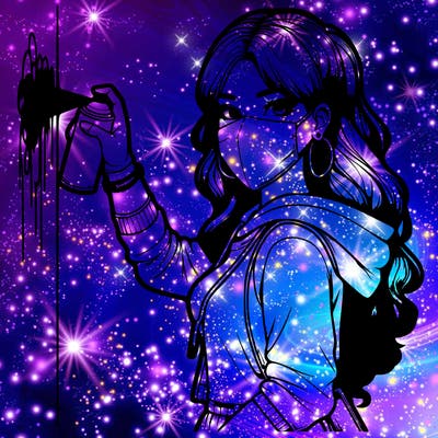 realistic girl with mask spray painting a wall