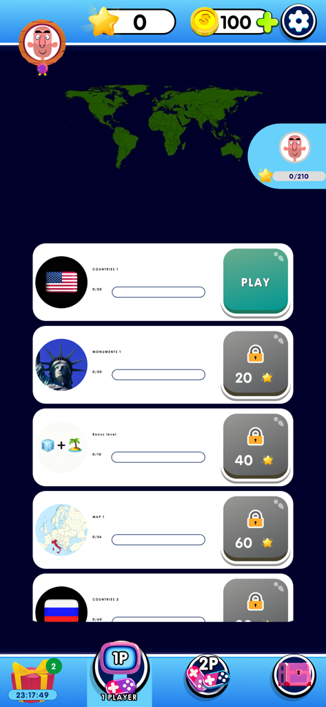 World Flags 2026: Brain Game - World Flags 2026 level selection screen showing various geography quiz categories and game progress