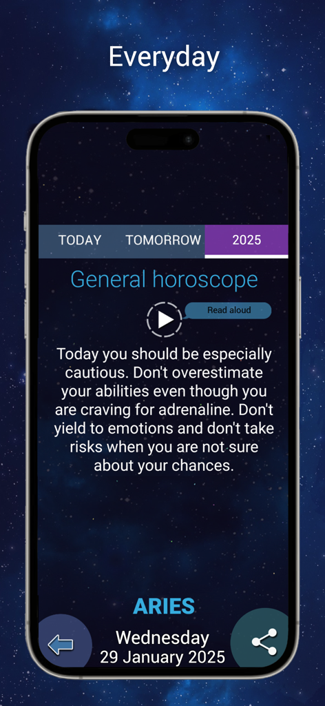 My daily horoscope 2025 - A smartphone screen showing a general horoscope prediction for the Aries zodiac sign on a starry night background.
