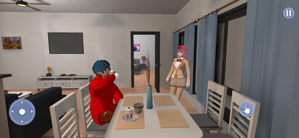 Preggo Anime Mother Life Sim! - Personajes de anime interactúan en una sala de estar durante el juego de Preggo Anime Mother Life Sim.
