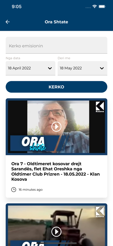 Klan Kosova app interface showing the Ora Shtate show video archive with search filters and news thumbnails