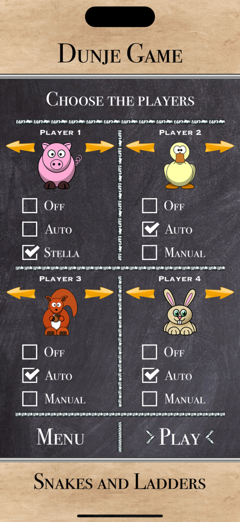The Game of Snakes and Ladders - Player selection screen for the Snakes and Ladders mobile game with four cartoon animal avatars on a chalkboard style background.