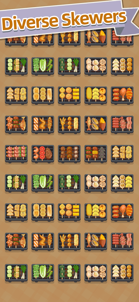 Skewer Time - A grid of various food skewers on small trays in a sorting puzzle mobile game