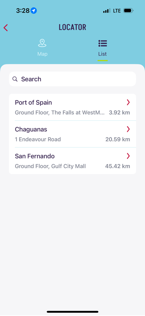 ANSA Bank Mobile - Pantalla localizadora de la aplicación ANSA Bank Mobile que muestra una lista de ubicaciones de sucursales con distancias.