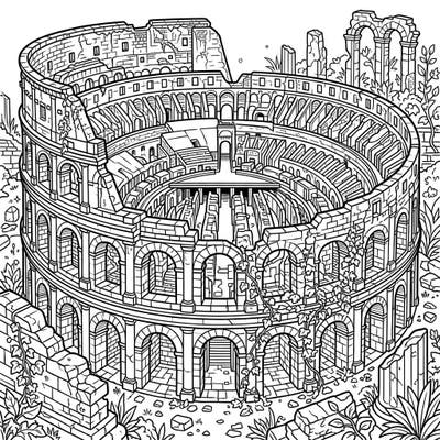 Unearth the beauty of ancient civilizations with this intricate adult coloring page depicting majestic amphitheater ruins. Perfect for history lovers, this detailed design offers a relaxing and immersive creative escape.