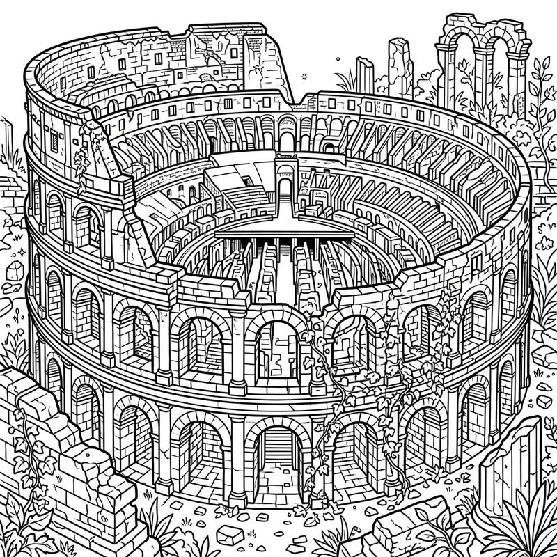 Unearth the beauty of ancient civilizations with this intricate adult coloring page depicting majestic amphitheater ruins. Perfect for history lovers, this detailed design offers a relaxing and immersive creative escape.
