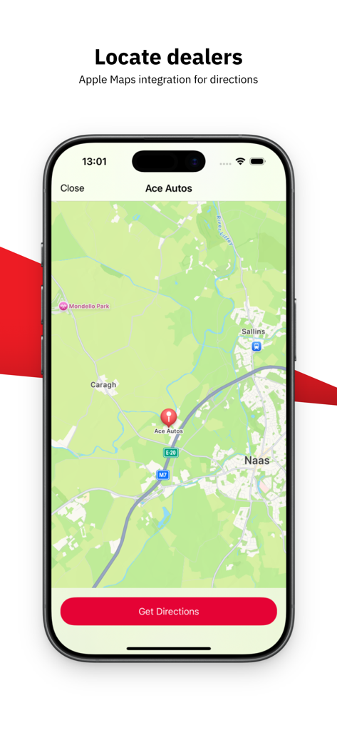 Map view showing car dealer location in the CarsIreland app.
