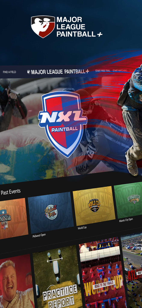 Major League Paintball Plus app home screen showing NXL tournament videos and past events library