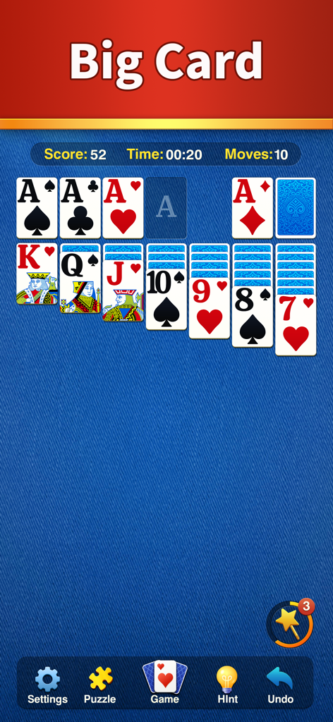 Solitaire game interface with large cards for better visibility and eye comfort