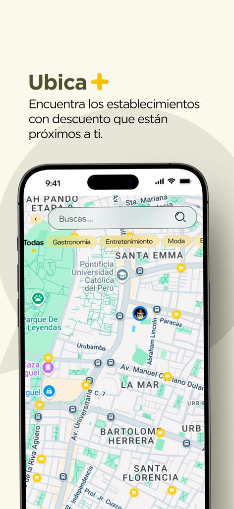 Club El Comercio - Vista de mapa dentro de la aplicación Club El Comercio mostrando varios establecimientos con descuentos disponibles cerca