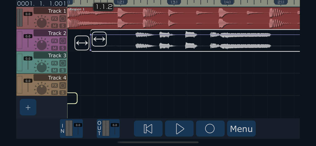 Professional mobile audio recording interface with multiple tracks and waveform editing in MultiTrack DAW