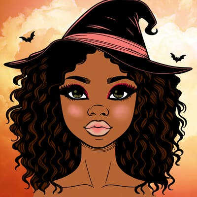 realistic black girl with wavy hair and witch hat and nose and lips