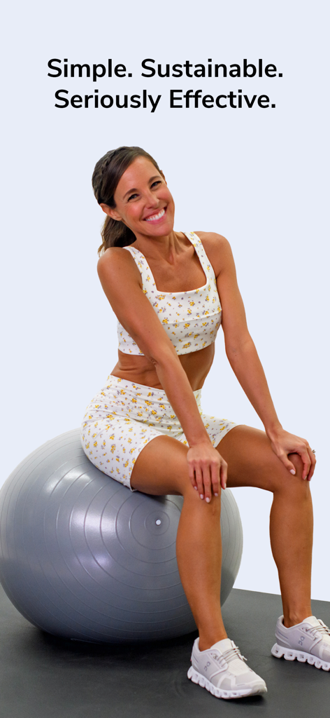 Moms Into Fitness - A smiling woman sitting on a grey fitness ball with text that says Simple Sustainable Seriously Effective.