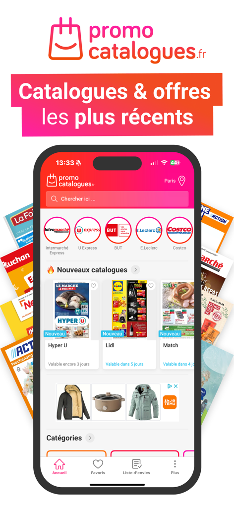 Interface de l'application mobile Promo Catalogues présentant des promotions de détail et des prospectus hebdomadaires des supermarchés français