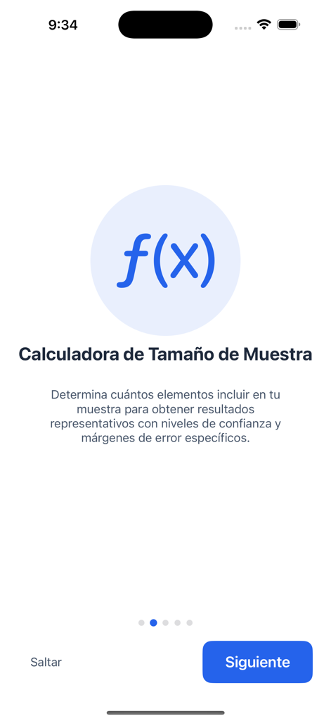 StatLab - Pantalla de incorporación de la aplicación StatLab para la función de calculadora de tamaño de muestra con un icono f(x).