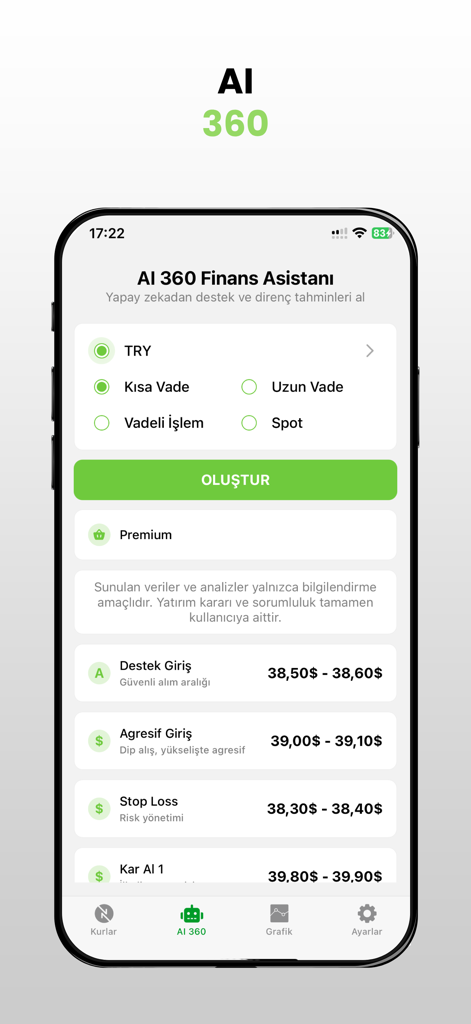 Currency 360 - Interfaz del asistente financiero de IA de Currency 360 que muestra puntos de entrada al mercado y niveles de stop loss.
