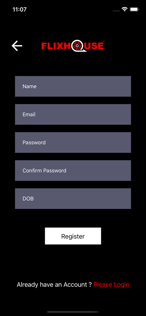 FlixHouse - FlixHouse app signup page featuring account registration fields for name email and password