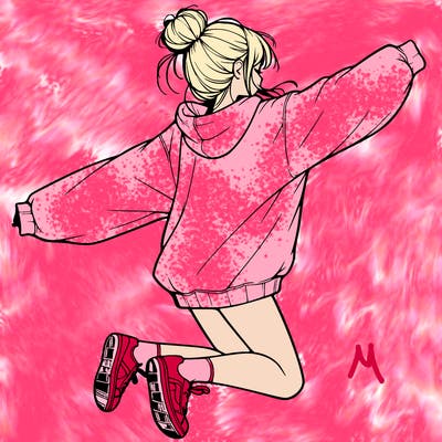 realistic girl jumping with a bun and oversized sweatshirt
