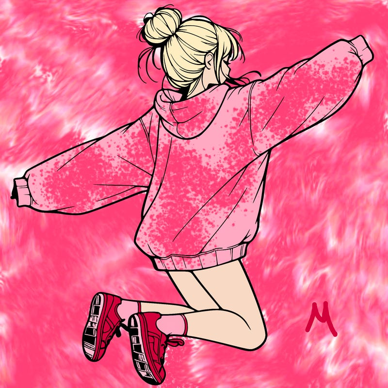 realistic girl jumping with a bun and oversized sweatshirt