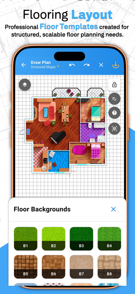 Floor Plan Designer: Home Map - Uma tela de aplicativo móvel mostrando um layout detalhado de planta baixa de casa com uma seleção de texturas de fundo de piso como madeira e grama.