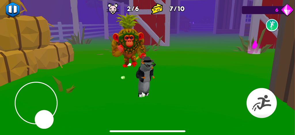 Rat Dance: Escape from Memes - Un personaje de rata con sombrero en una granja, siendo perseguido por un monstruo mono piña en Rat Dance: Escape from Memes.