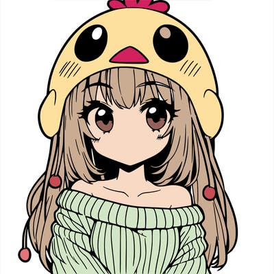 anime girl with chick shaped hat with sweater with bare shoulders with bangs covering them one eye with low tail