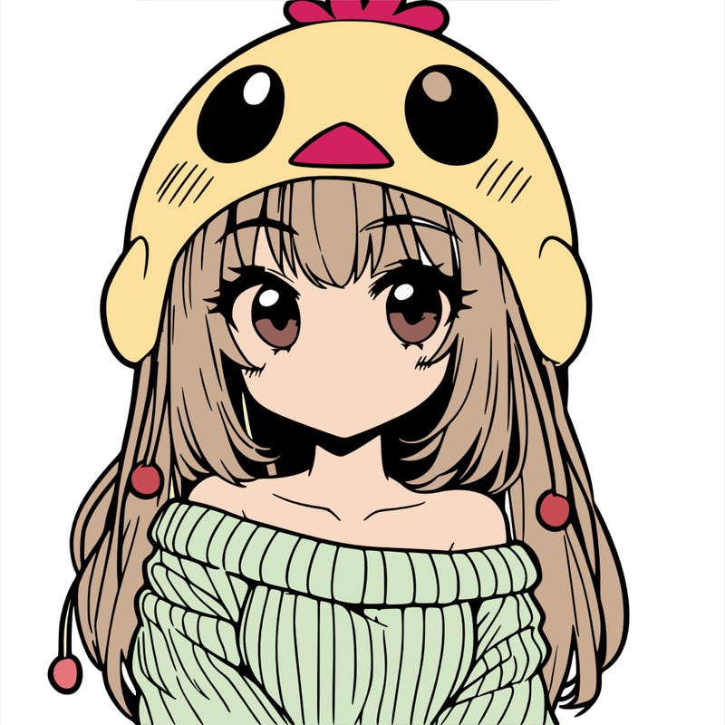 anime girl with chick shaped hat with sweater with bare shoulders with bangs covering them one eye with low tail