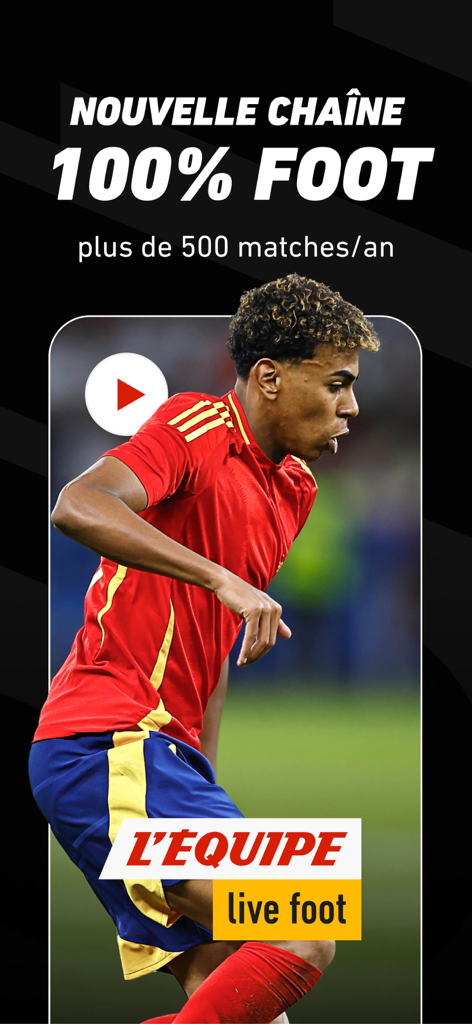 L’EQUIPE - live, sport, tv - L'Equipe app screenshot promoting a 100 percent soccer channel with over 500 matches per year featuring a player in a red jersey