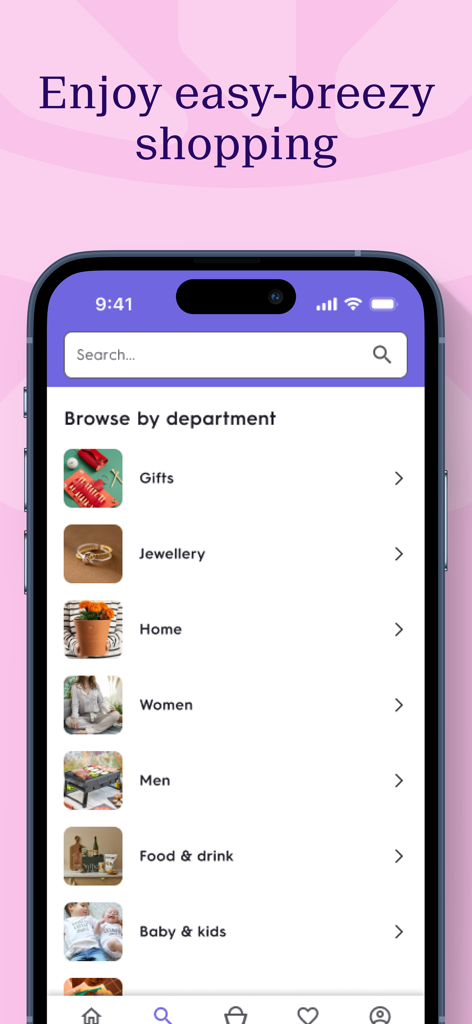 Mobile app interface showing product categories like Gifts Jewellery and Home on Not On The High Street.