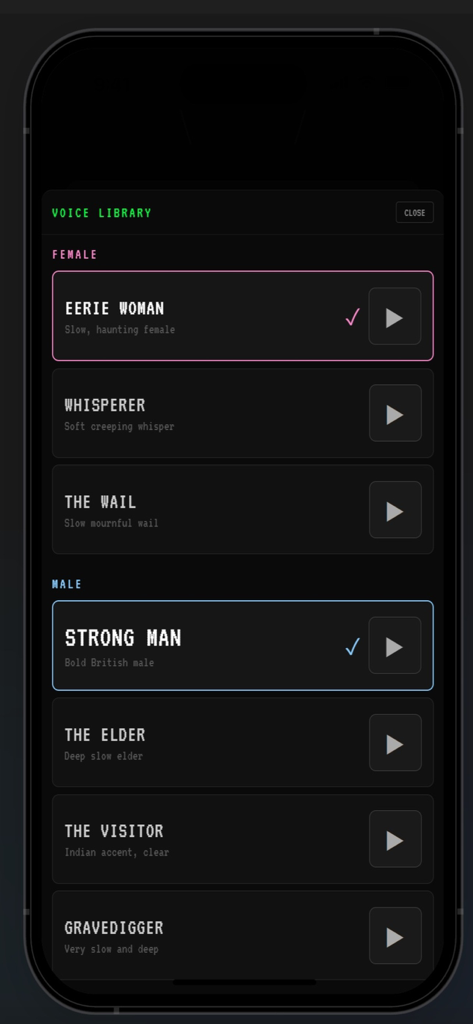 PhantomTV - Stimmenbibliothek-Bildschirm in der PhantomTV App mit weiblichen und männlichen paranormalen Stimmen-Voreinstellungen