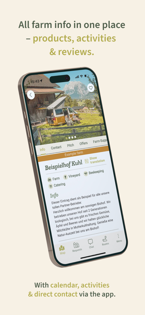 A mobile phone screen displaying detailed information about a farm for campervan stays including photos and activities.
